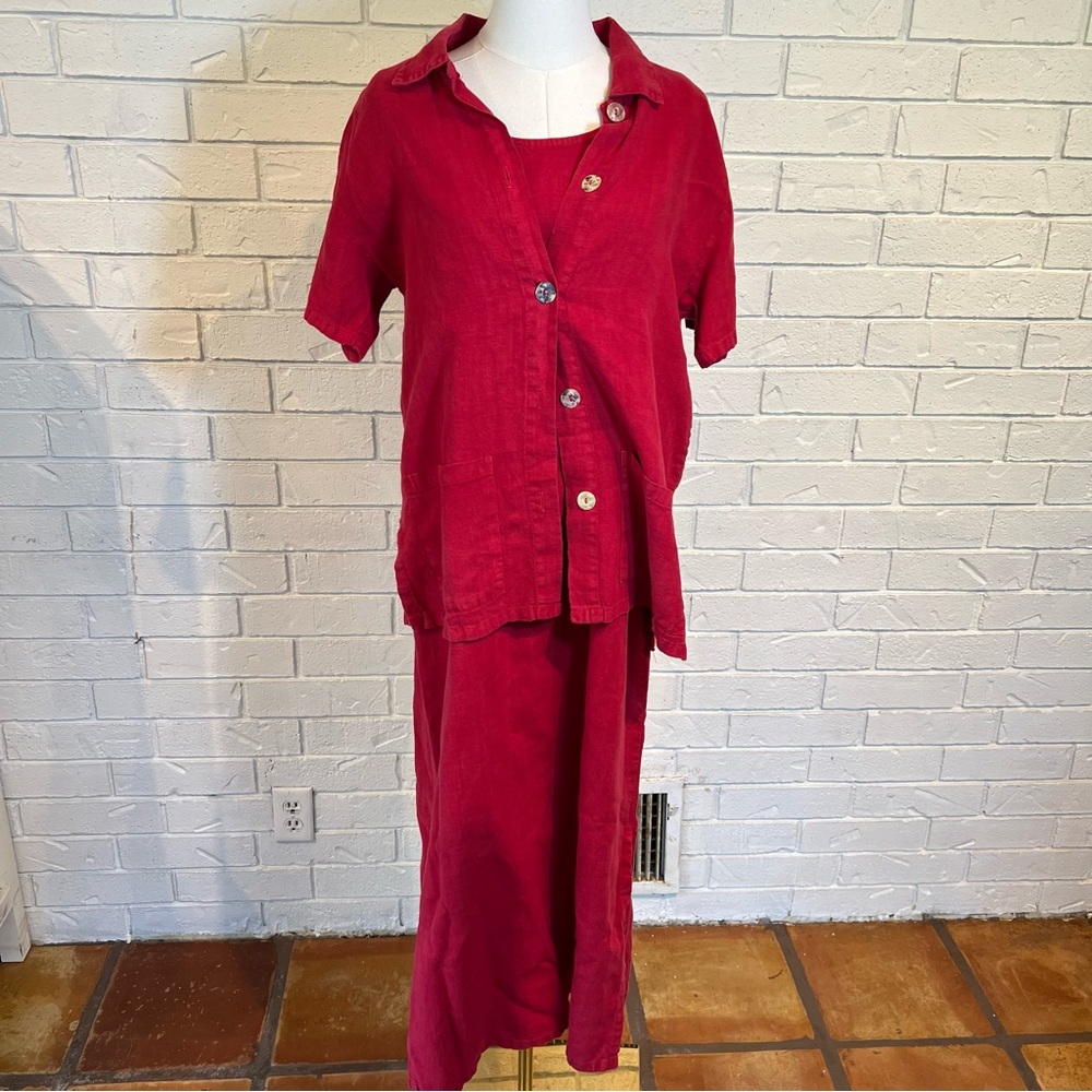 Vintage 90s y2k Donna Red 100% Linen Shirt and Dress Set Womens S